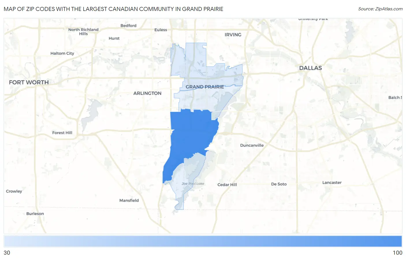 Zip Codes with the Largest Canadian Community in Grand Prairie Map