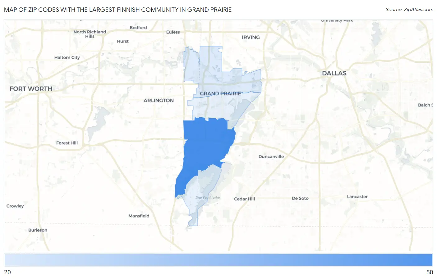 Zip Codes with the Largest Finnish Community in Grand Prairie Map
