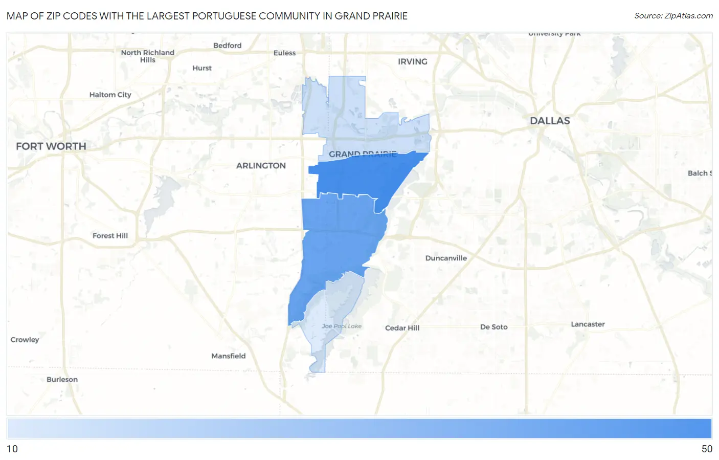 Zip Codes with the Largest Portuguese Community in Grand Prairie Map