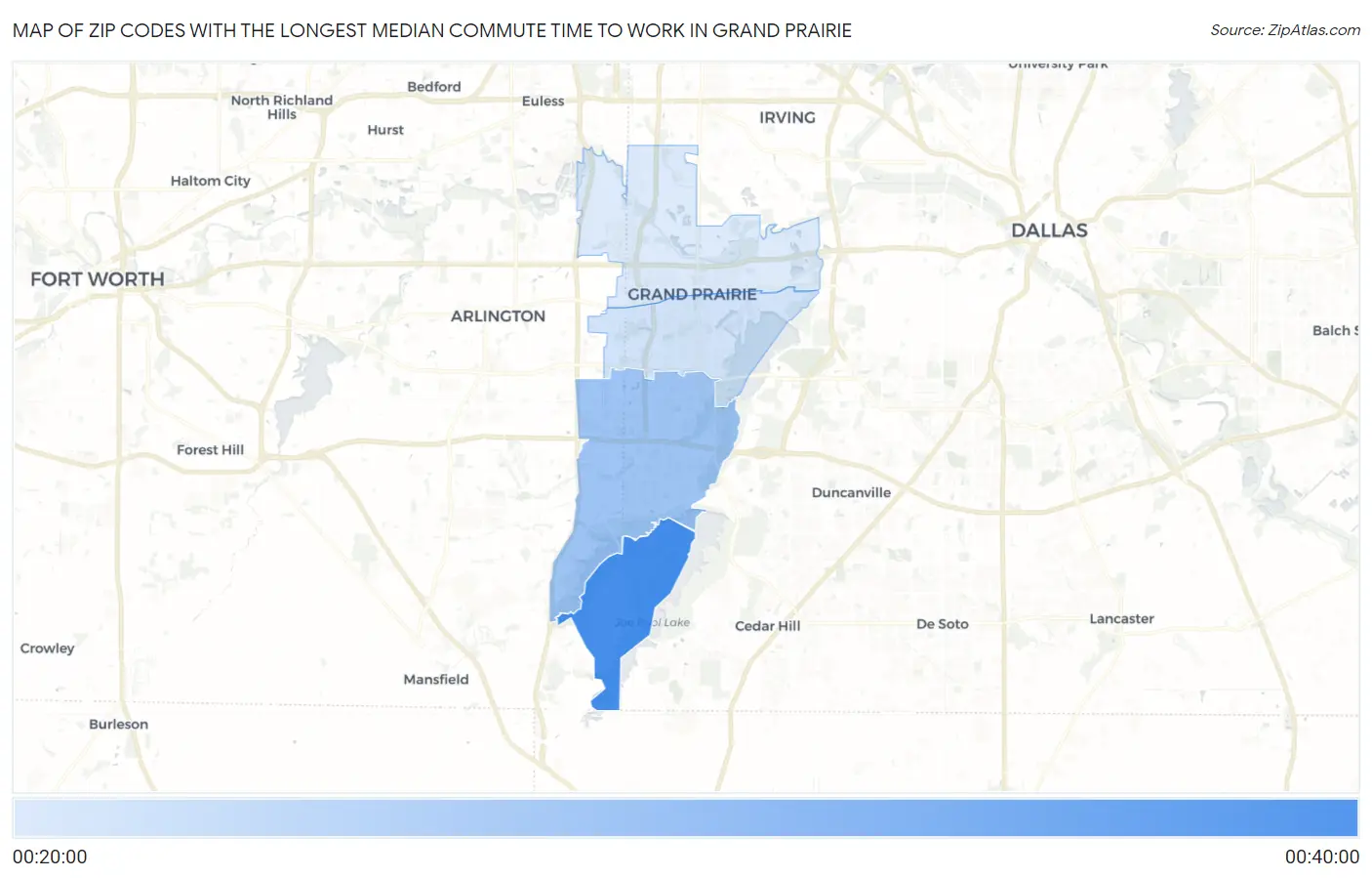 Zip Codes with the Longest Median Commute Time to Work in Grand Prairie Map