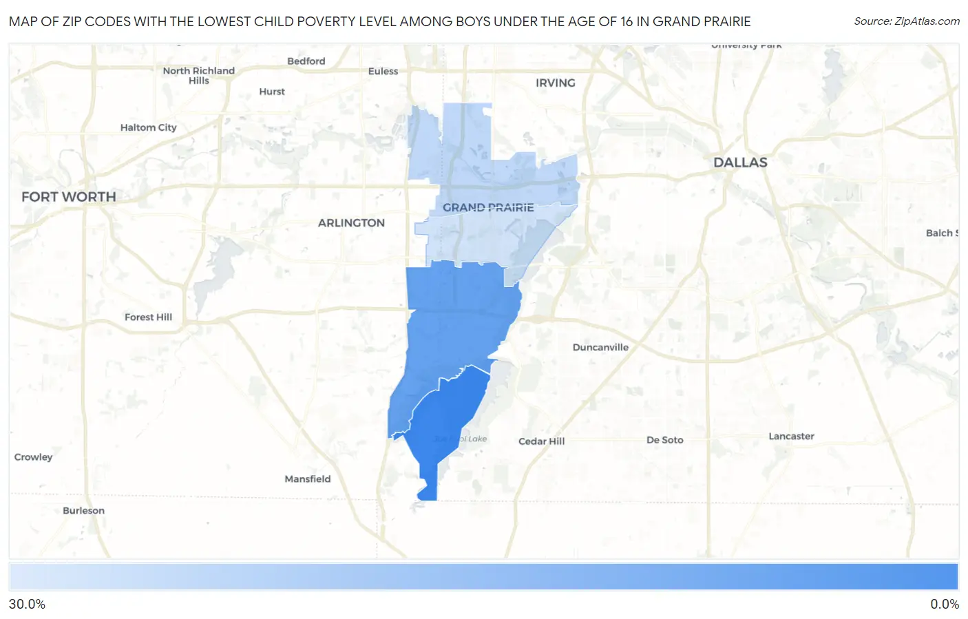 Zip Codes with the Lowest Child Poverty Level Among Boys Under the Age of 16 in Grand Prairie Map