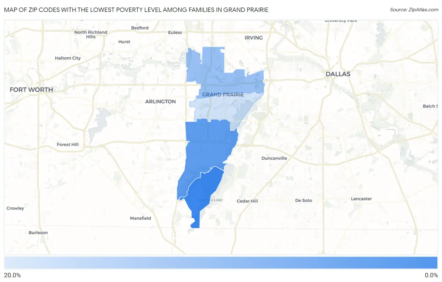 Zip Codes with the Lowest Poverty Level Among Families in Grand Prairie Map