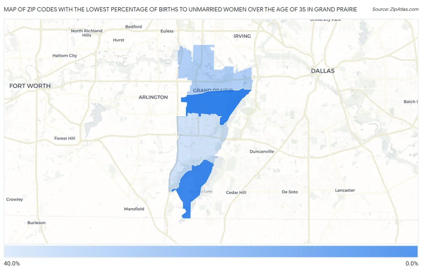 Zip Codes with the Lowest Percentage of Births to Unmarried Women over the Age of 35 in Grand Prairie Map