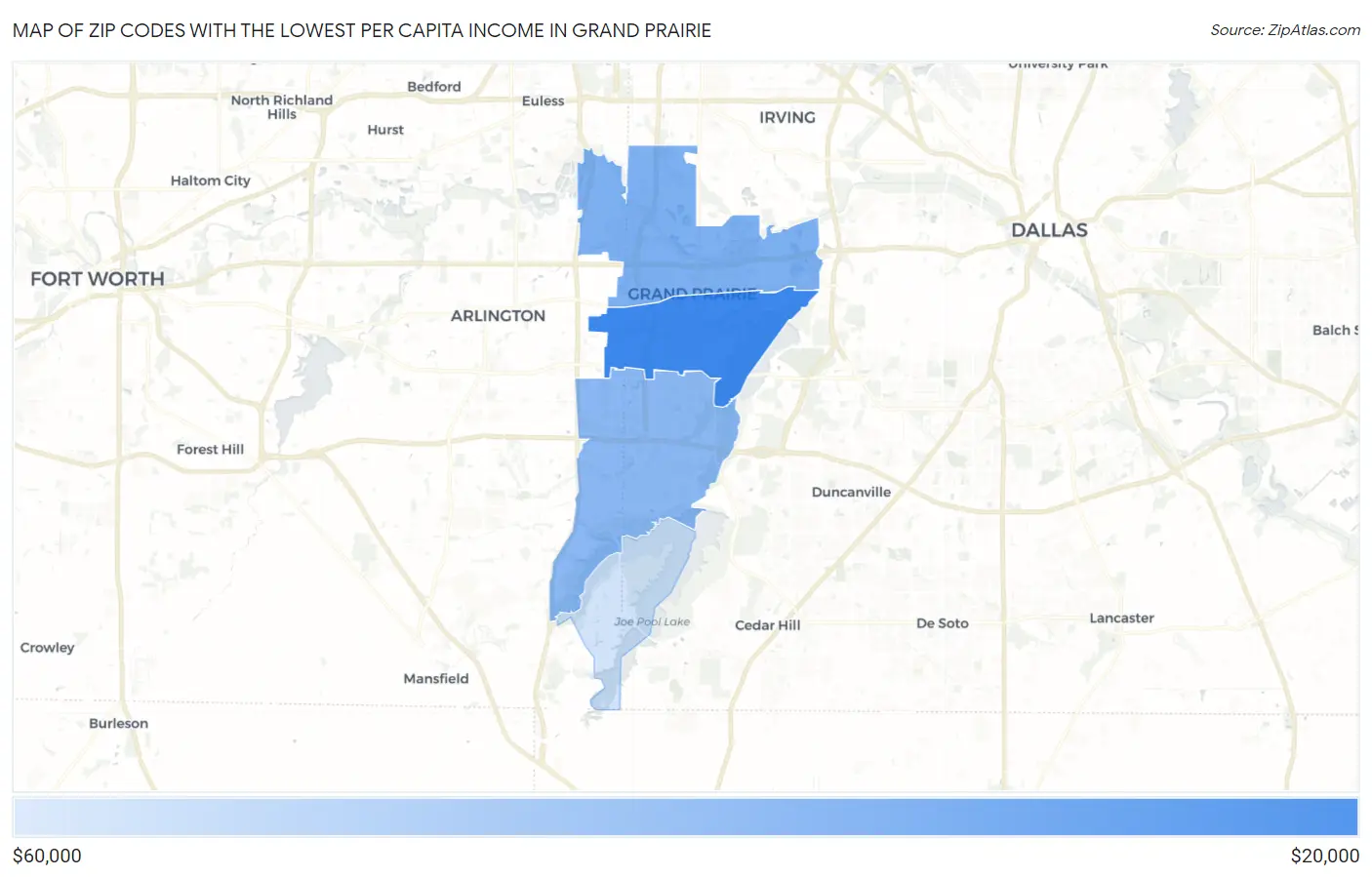 Zip Codes with the Lowest Per Capita Income in Grand Prairie Map