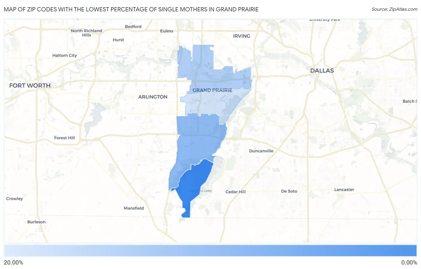 Zip Codes with the Lowest Percentage of Single Mothers in Grand Prairie Map