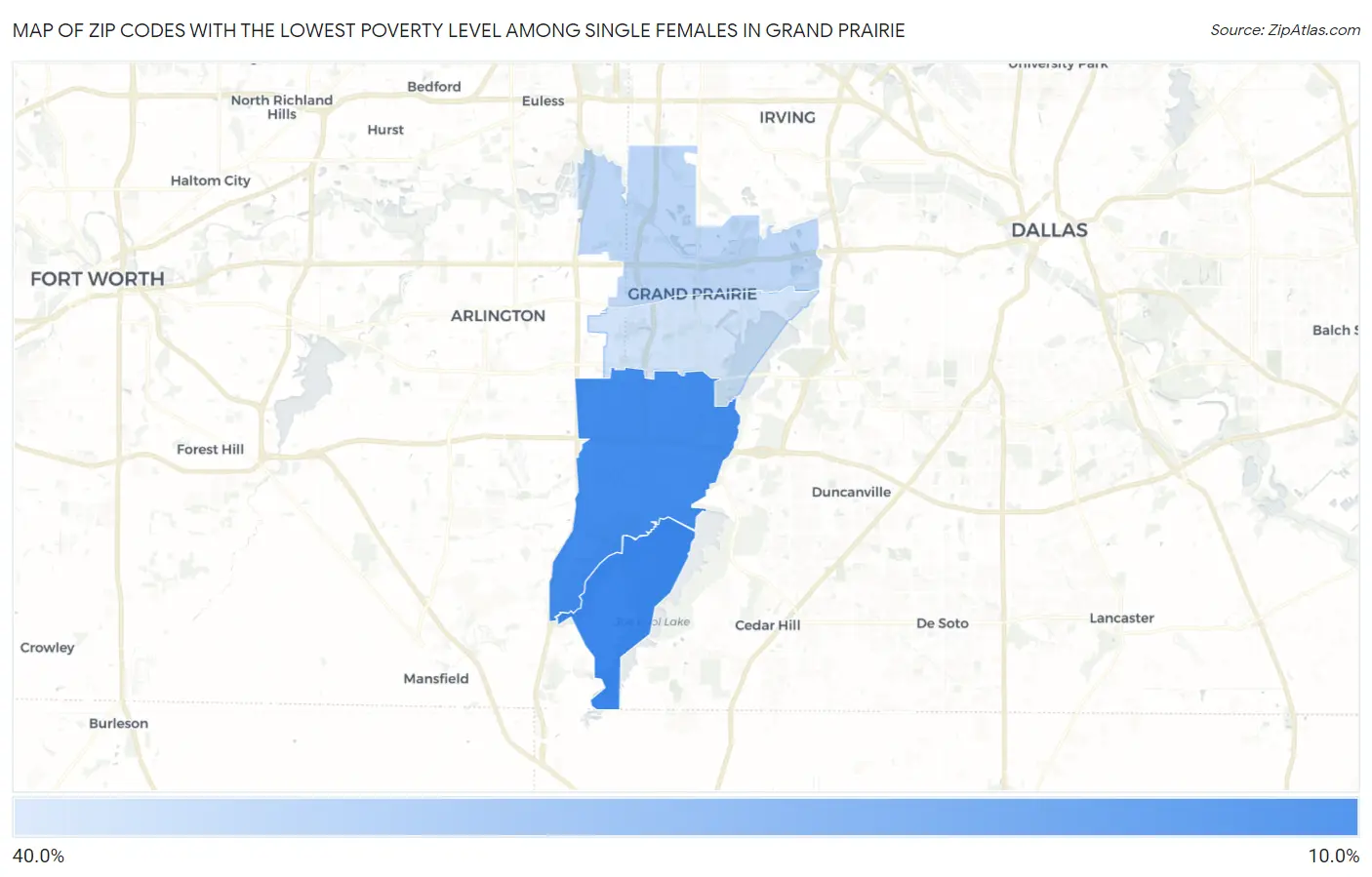 Zip Codes with the Lowest Poverty Level Among Single Females in Grand Prairie Map