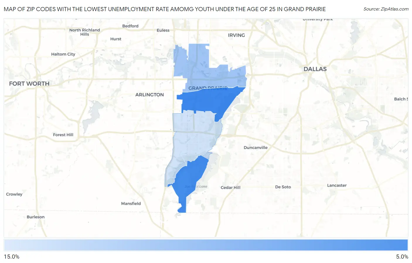 Zip Codes with the Lowest Unemployment Rate Amomg Youth Under the Age of 25 in Grand Prairie Map