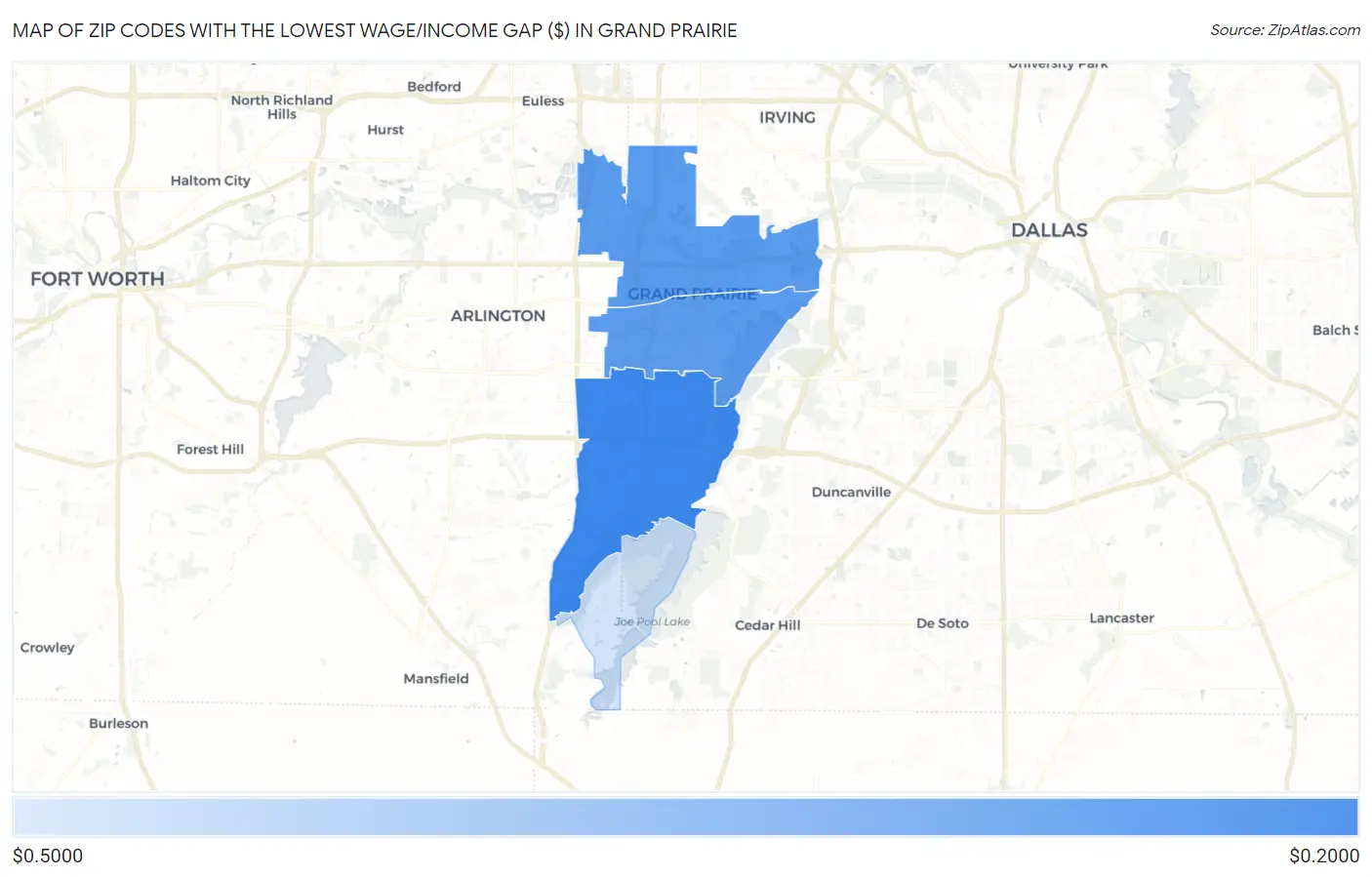 Zip Codes with the Lowest Wage/Income Gap ($) in Grand Prairie Map