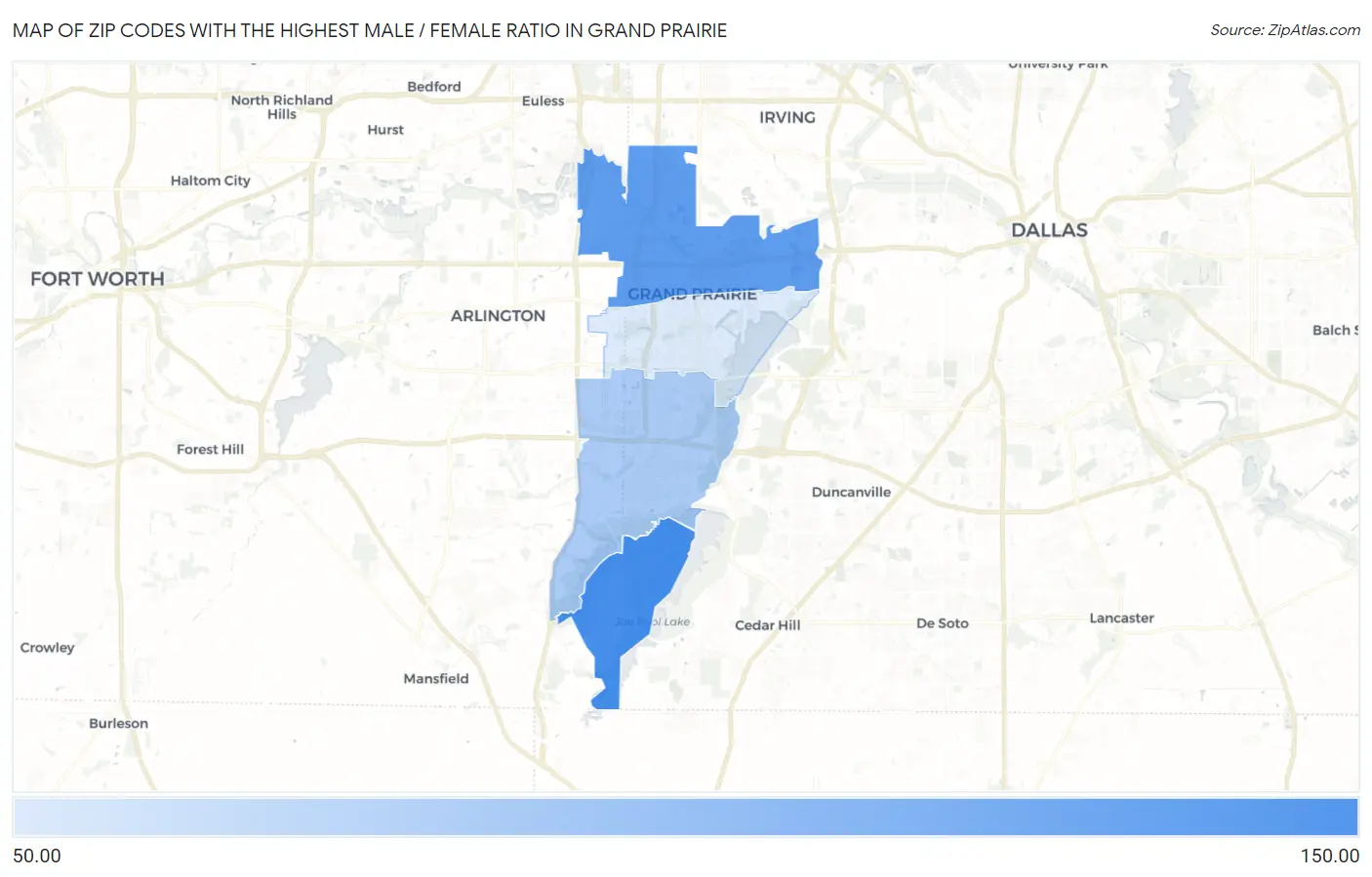 Zip Codes with the Highest Male / Female Ratio in Grand Prairie Map