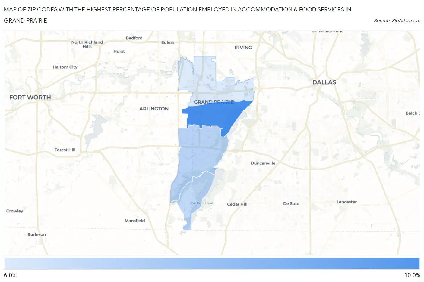 Zip Codes with the Highest Percentage of Population Employed in Accommodation & Food Services in Grand Prairie Map