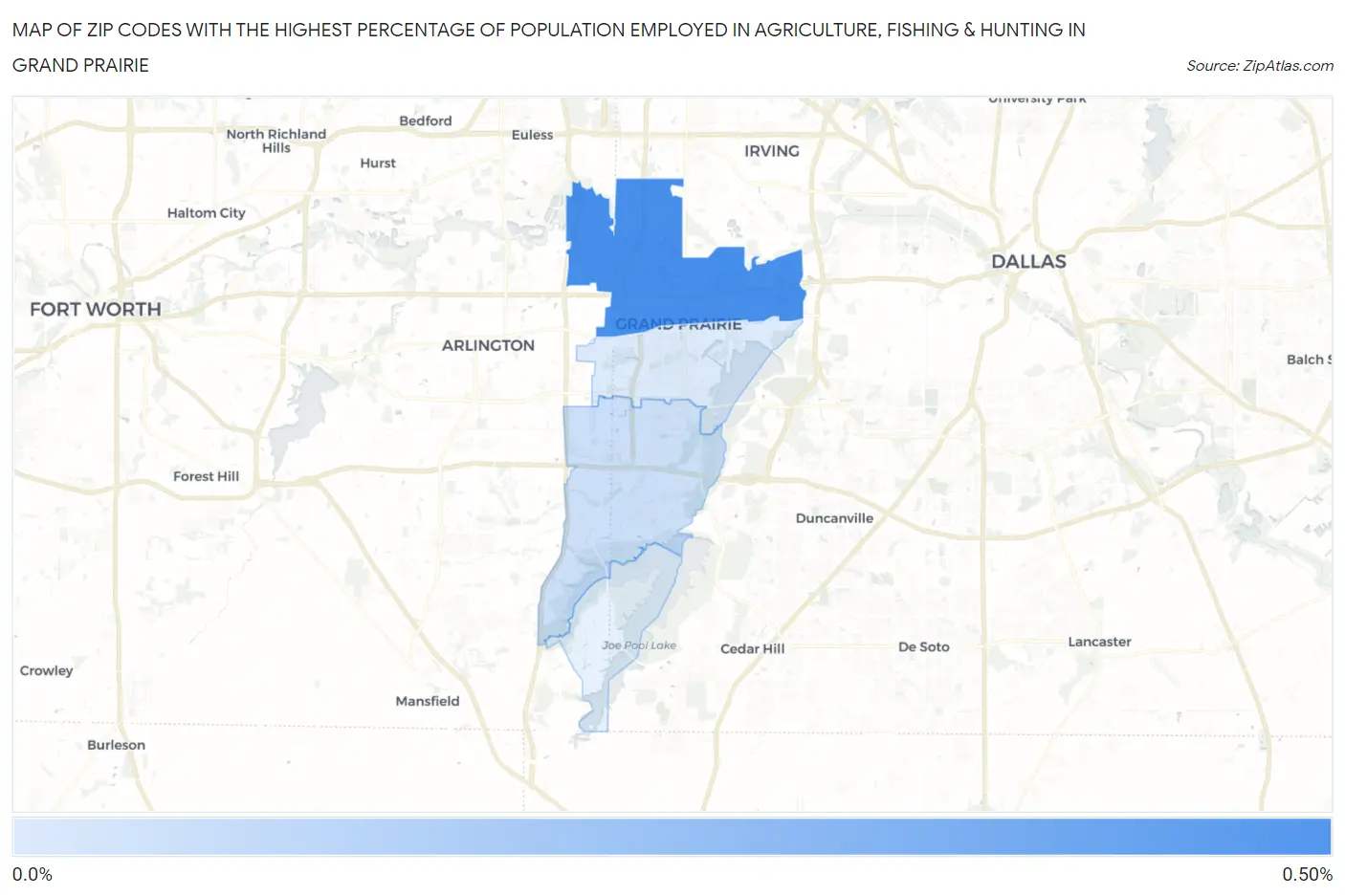 Zip Codes with the Highest Percentage of Population Employed in Agriculture, Fishing & Hunting in Grand Prairie Map