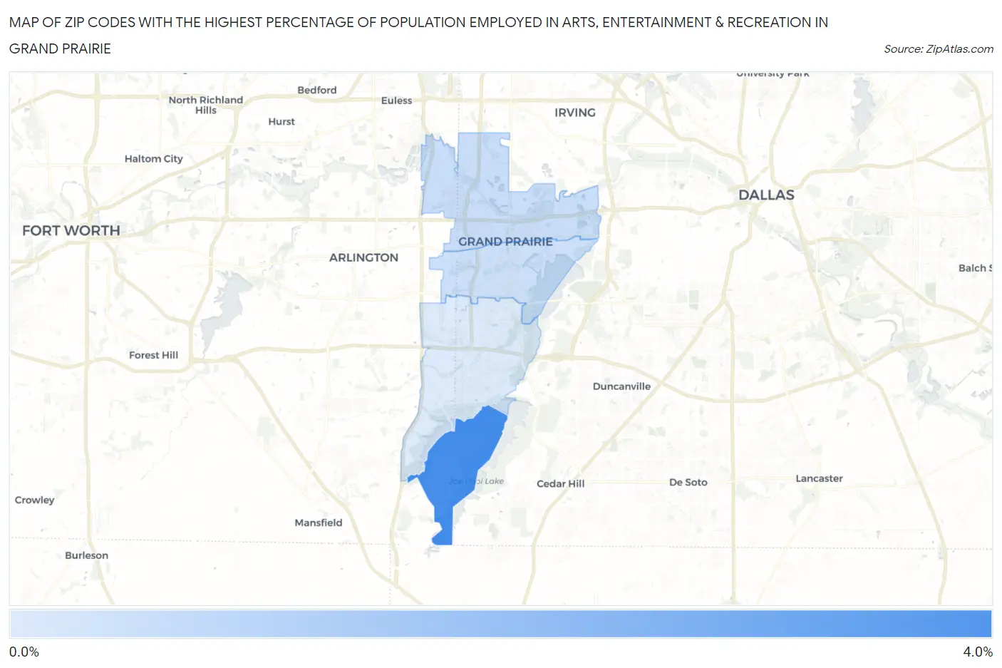 Zip Codes with the Highest Percentage of Population Employed in Arts, Entertainment & Recreation in Grand Prairie Map