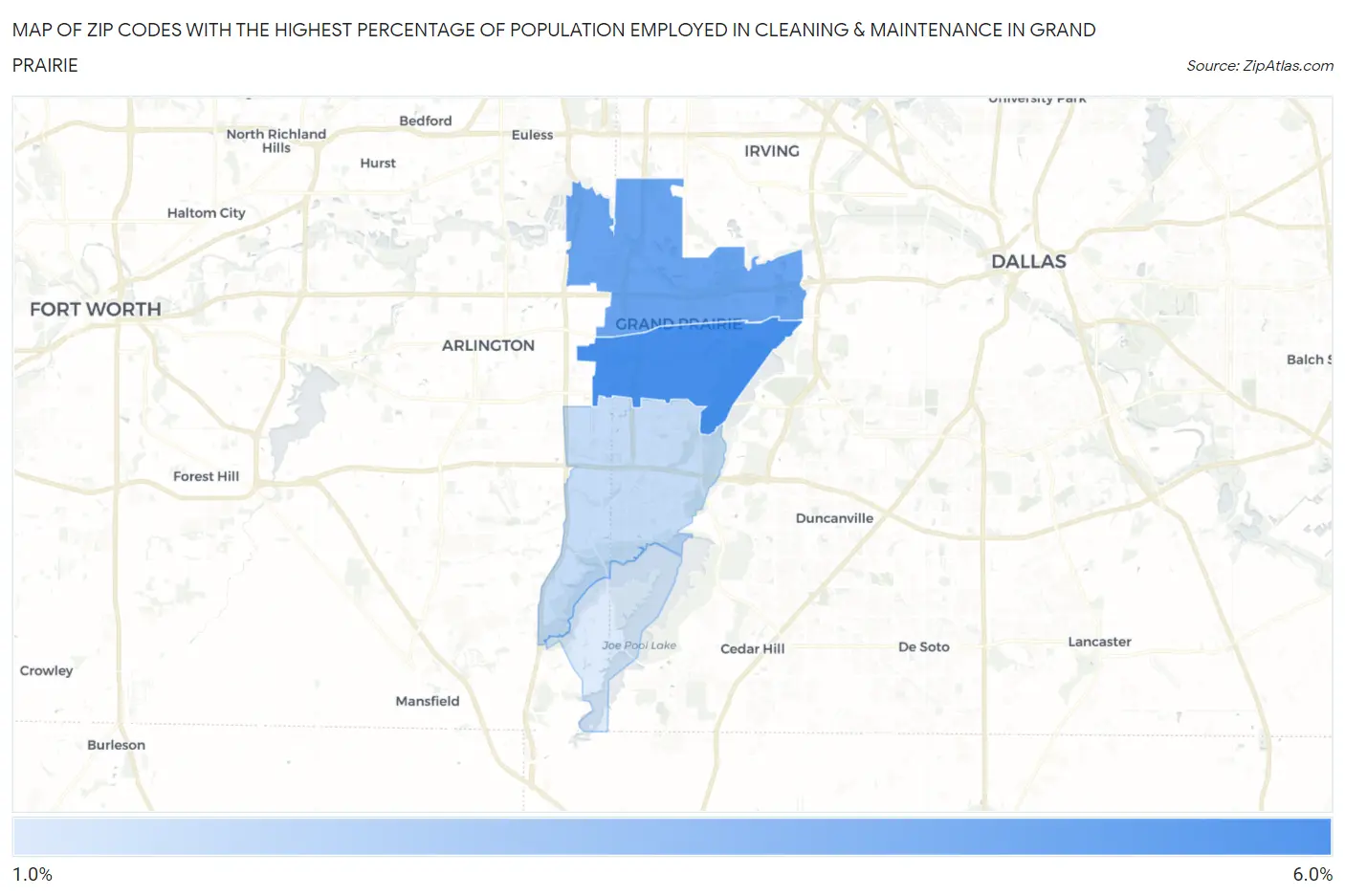 Zip Codes with the Highest Percentage of Population Employed in Cleaning & Maintenance in Grand Prairie Map