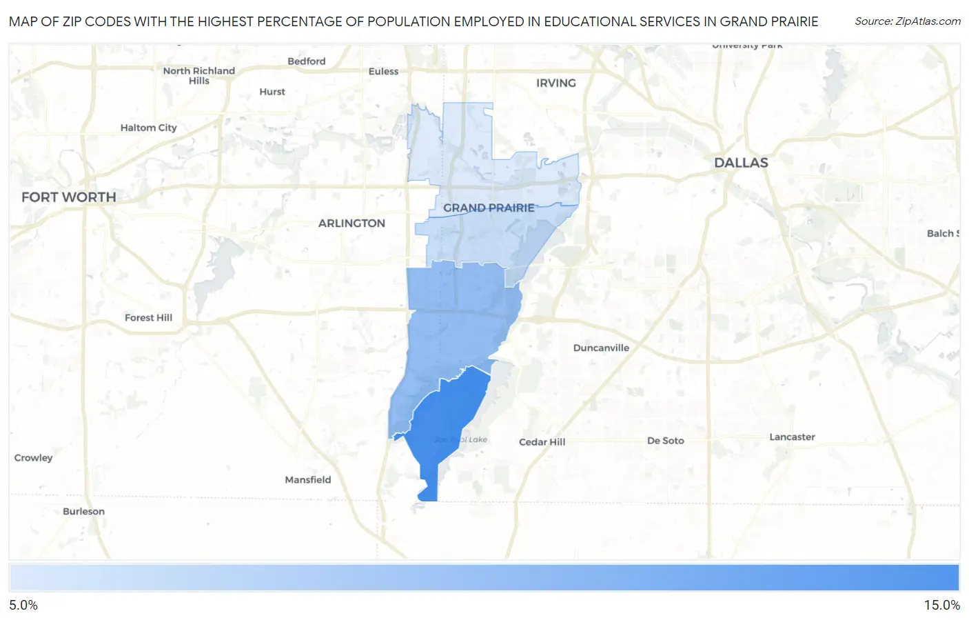Zip Codes with the Highest Percentage of Population Employed in Educational Services in Grand Prairie Map