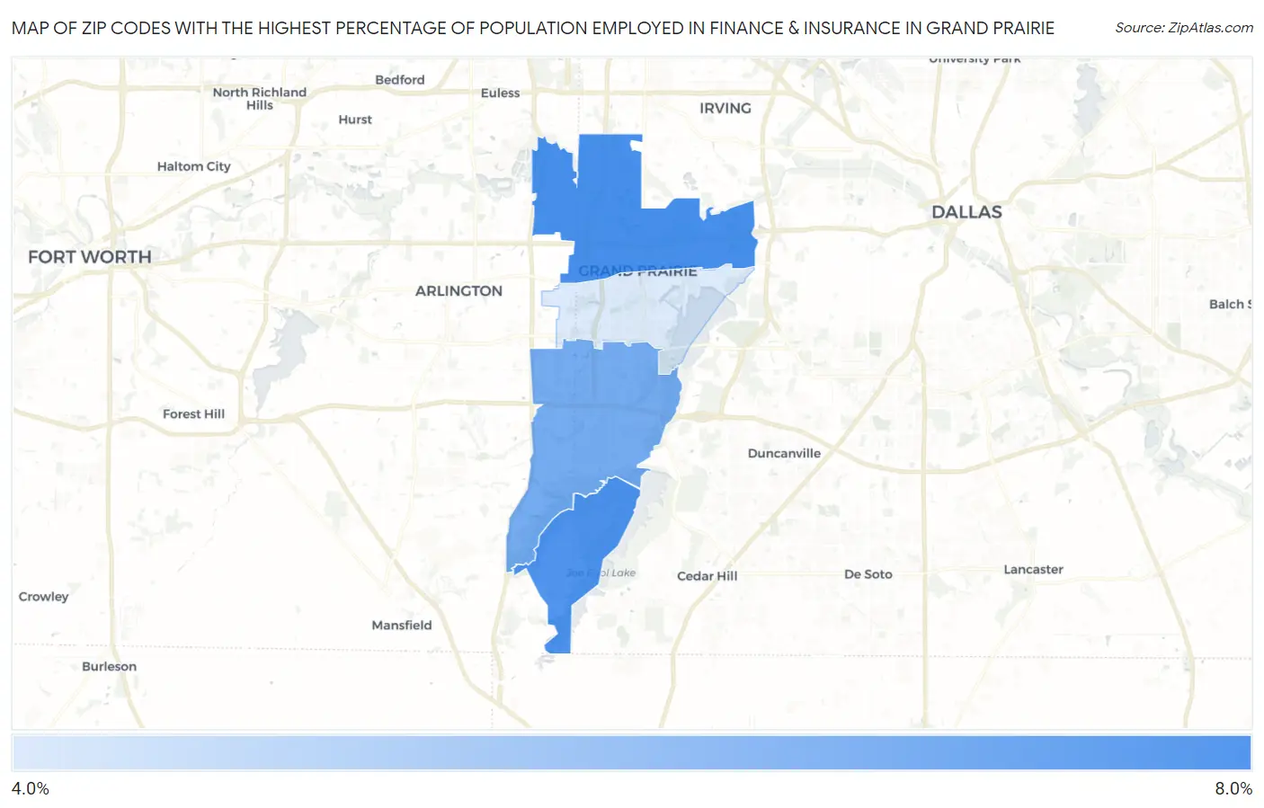 Zip Codes with the Highest Percentage of Population Employed in Finance & Insurance in Grand Prairie Map