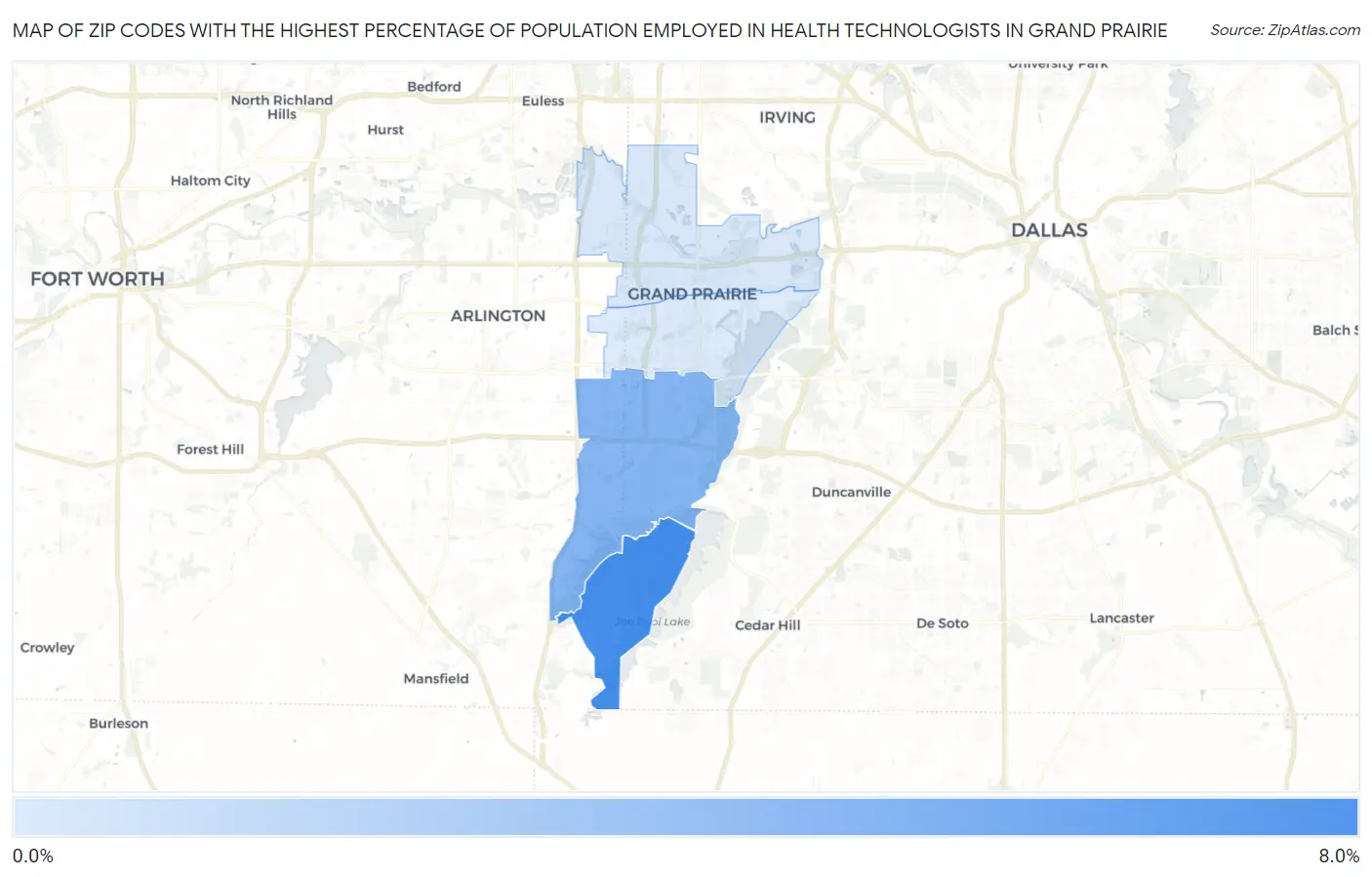 Zip Codes with the Highest Percentage of Population Employed in Health Technologists in Grand Prairie Map