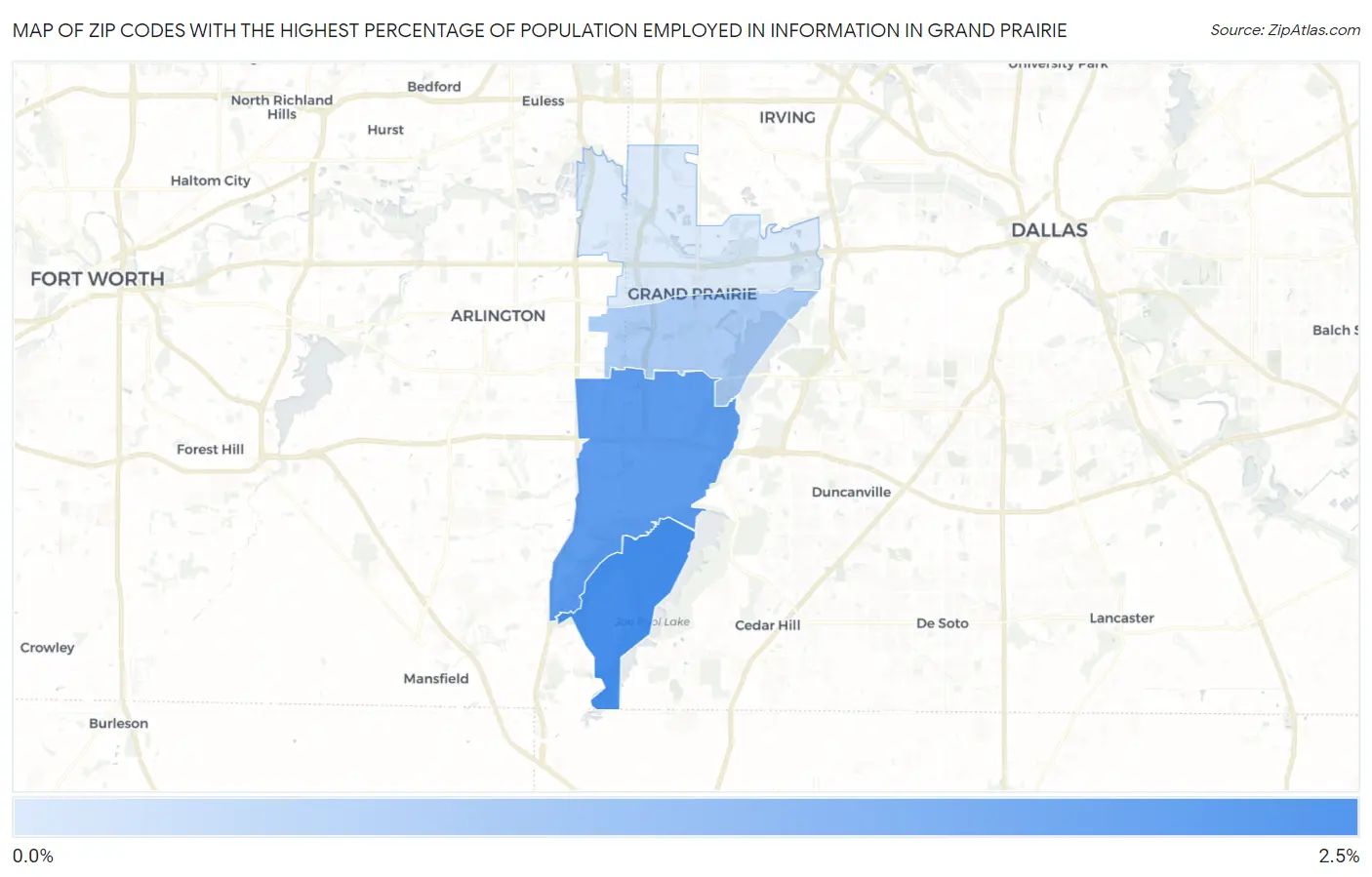 Zip Codes with the Highest Percentage of Population Employed in Information in Grand Prairie Map