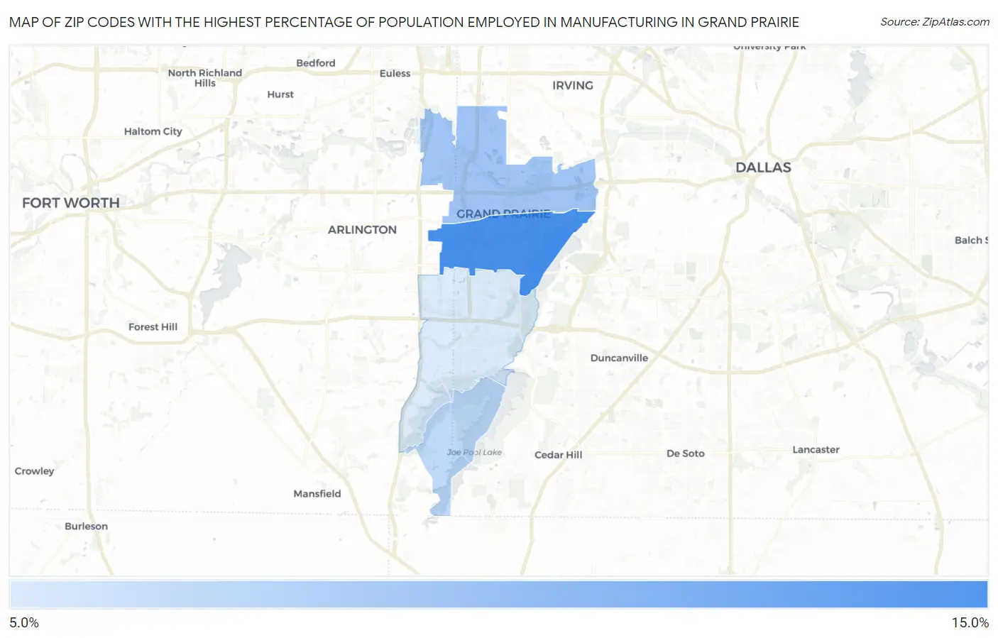 Zip Codes with the Highest Percentage of Population Employed in Manufacturing in Grand Prairie Map