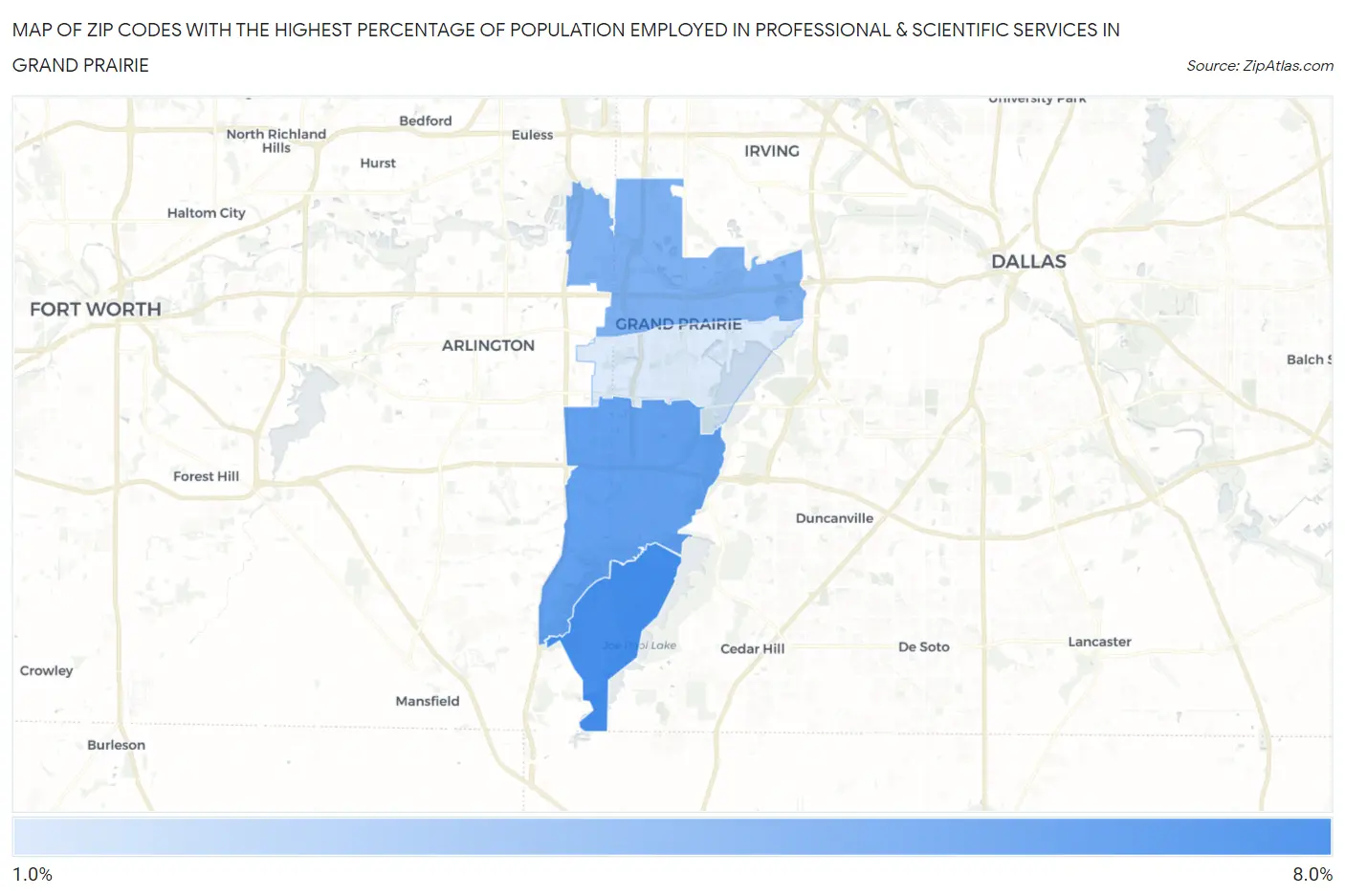Zip Codes with the Highest Percentage of Population Employed in Professional & Scientific Services in Grand Prairie Map