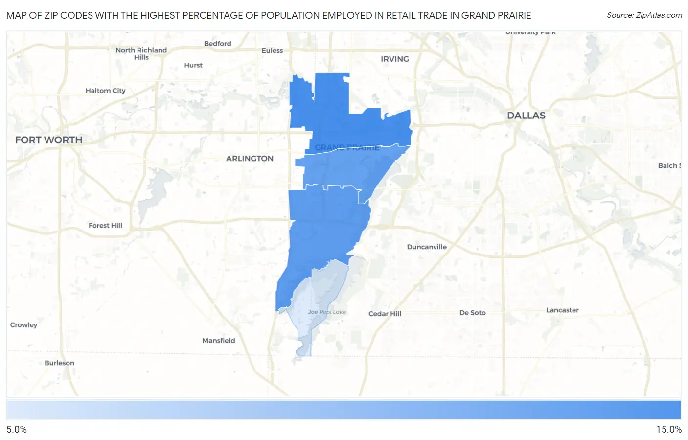 Zip Codes with the Highest Percentage of Population Employed in Retail Trade in Grand Prairie Map