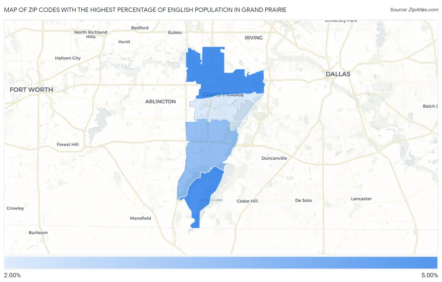 Zip Codes with the Highest Percentage of English Population in Grand Prairie Map