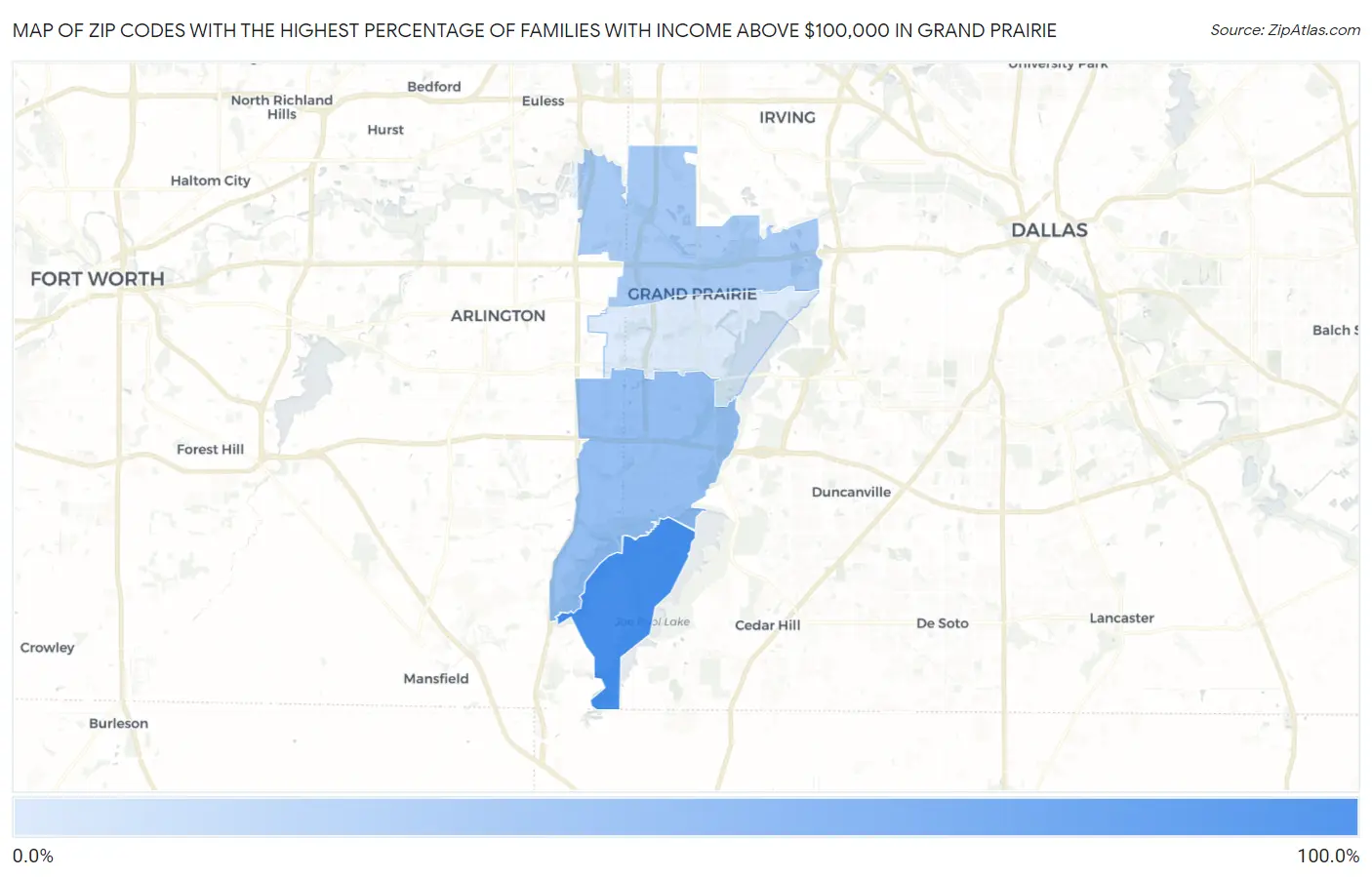 Zip Codes with the Highest Percentage of Families with Income Above $100,000 in Grand Prairie Map