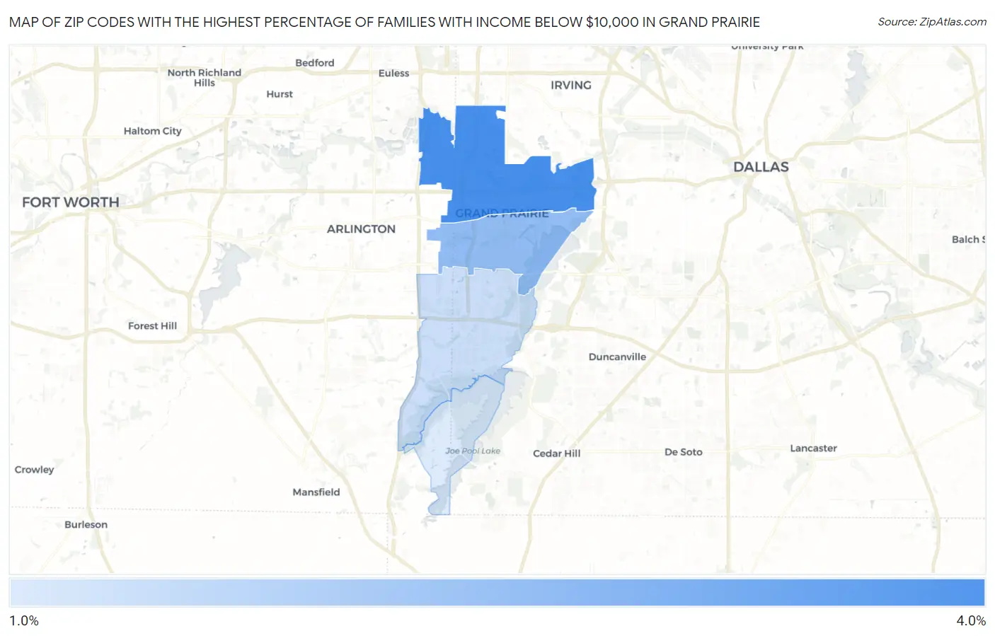 Zip Codes with the Highest Percentage of Families with Income Below $10,000 in Grand Prairie Map
