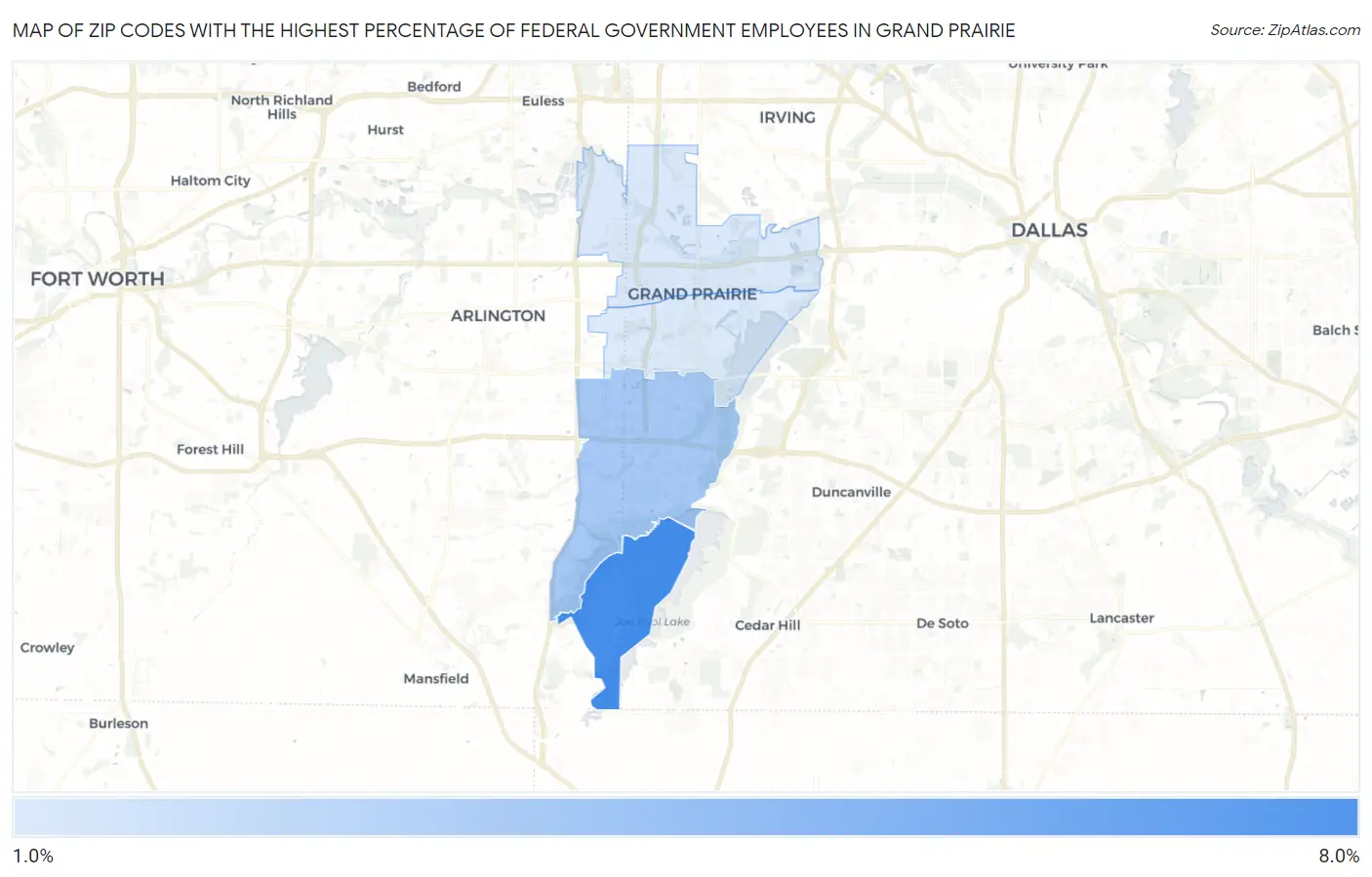 Zip Codes with the Highest Percentage of Federal Government Employees in Grand Prairie Map