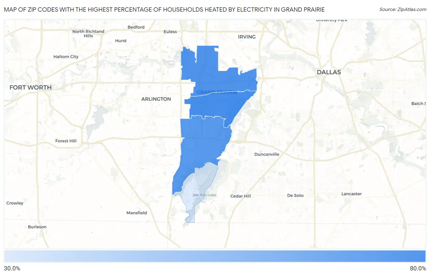 Zip Codes with the Highest Percentage of Households Heated by Electricity in Grand Prairie Map