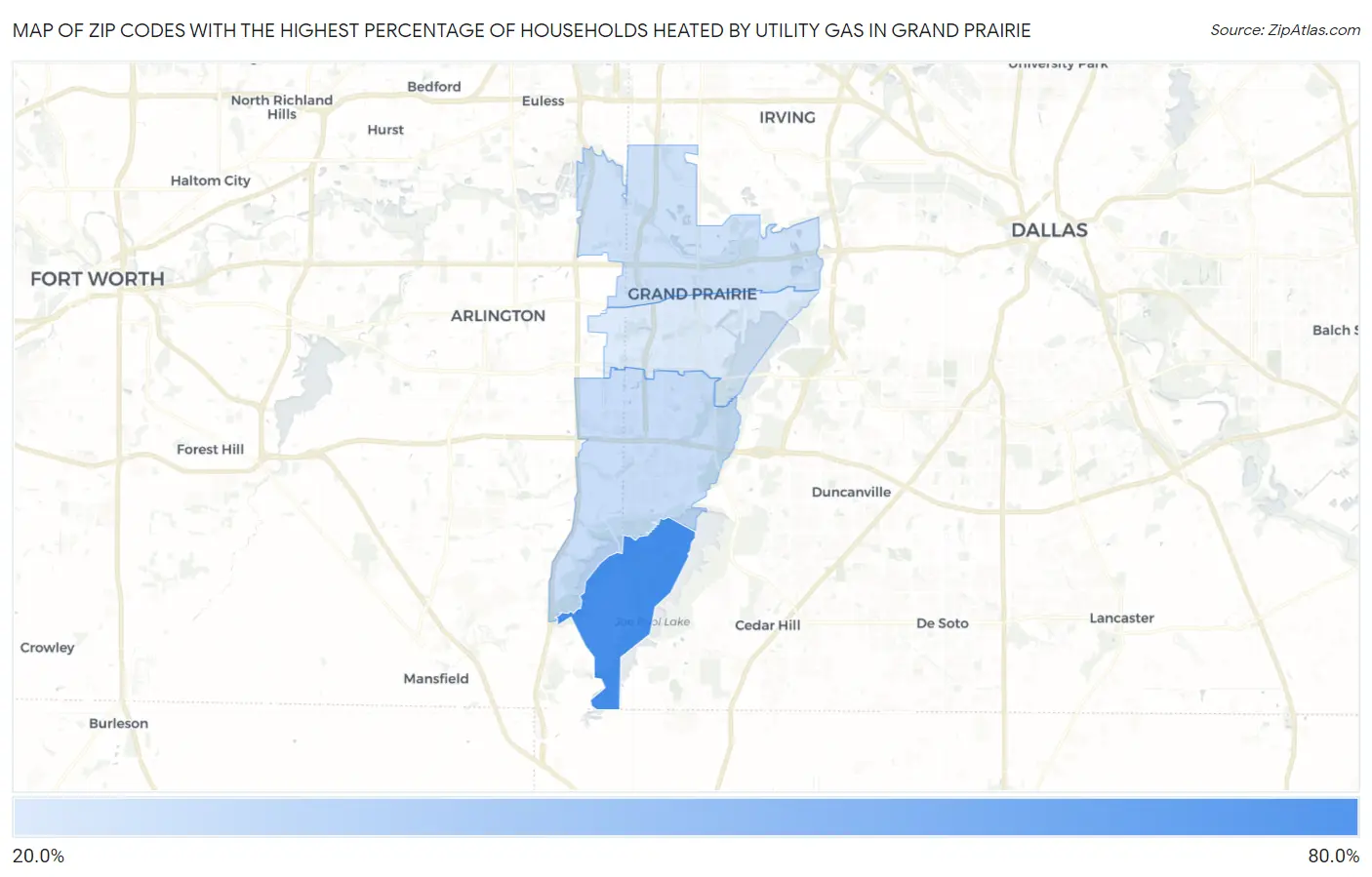 Zip Codes with the Highest Percentage of Households Heated by Utility Gas in Grand Prairie Map