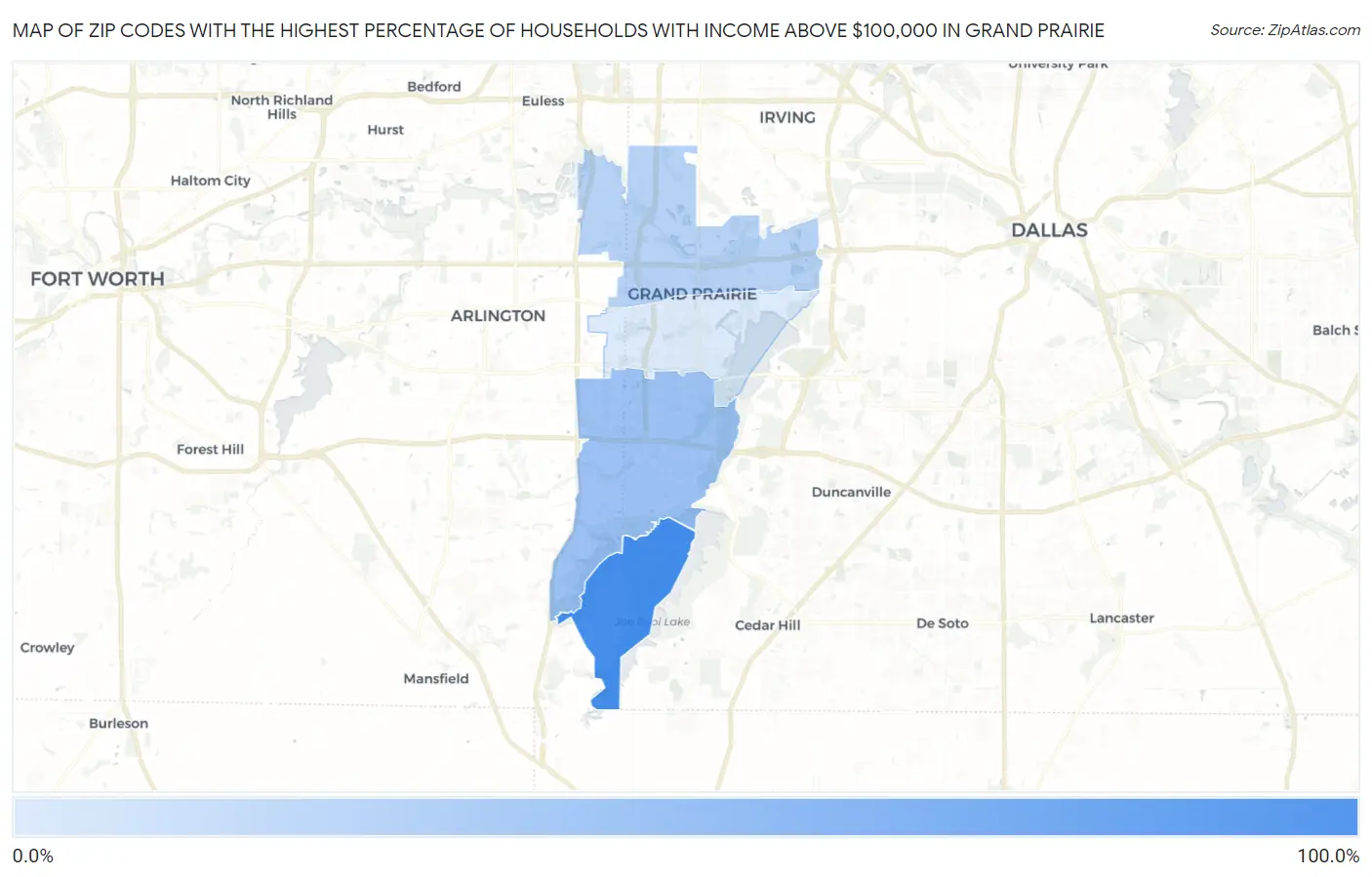 Zip Codes with the Highest Percentage of Households with Income Above $100,000 in Grand Prairie Map