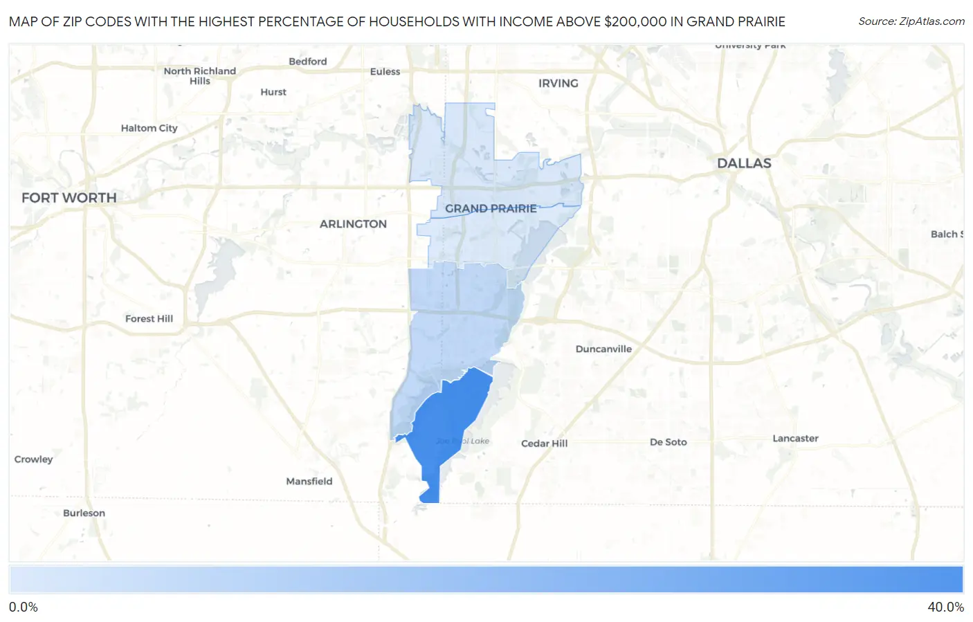 Zip Codes with the Highest Percentage of Households with Income Above $200,000 in Grand Prairie Map