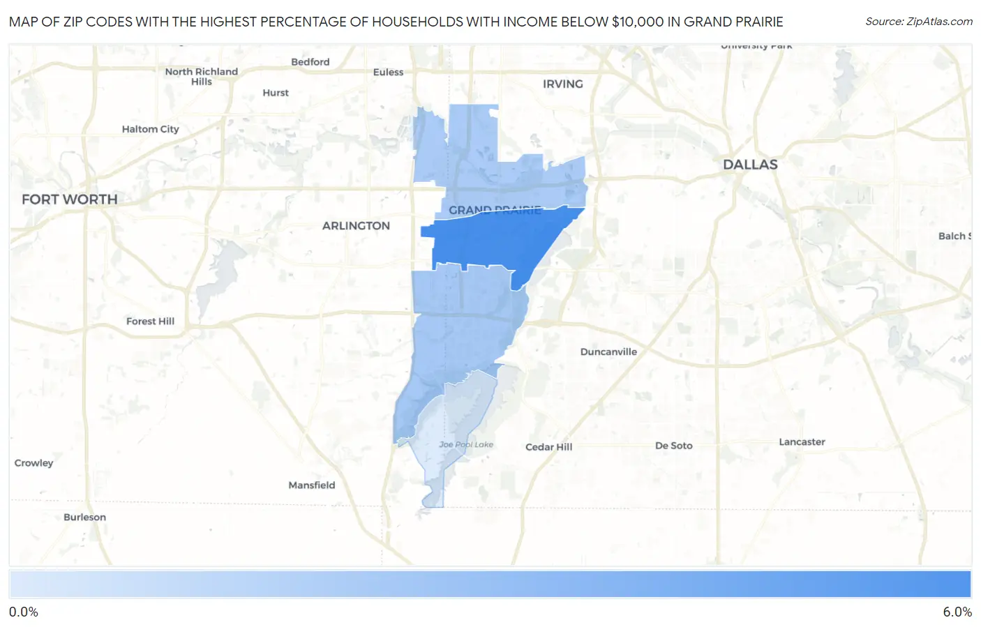 Zip Codes with the Highest Percentage of Households with Income Below $10,000 in Grand Prairie Map