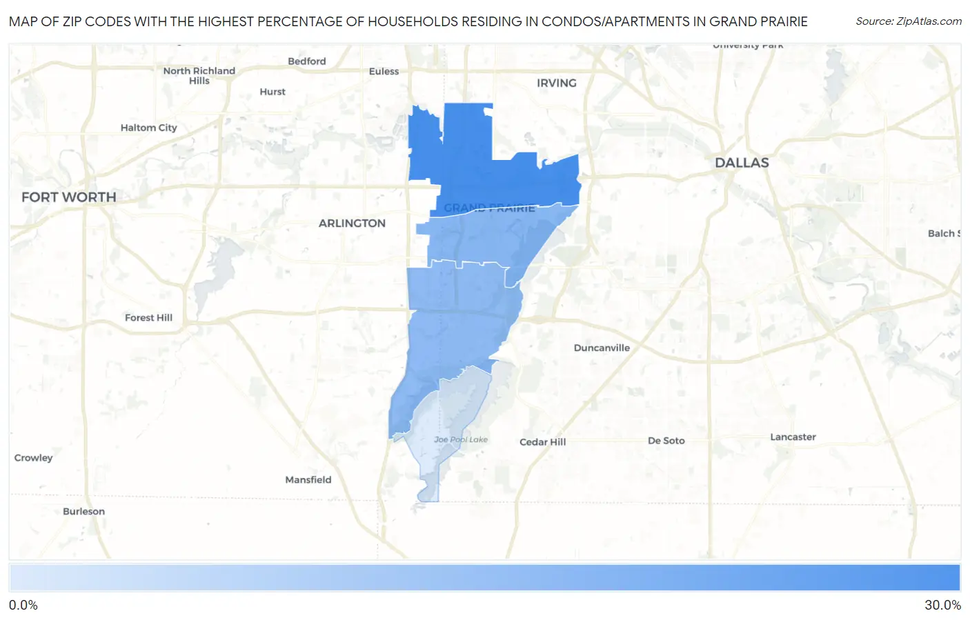 Zip Codes with the Highest Percentage of Households Residing in Condos/Apartments in Grand Prairie Map