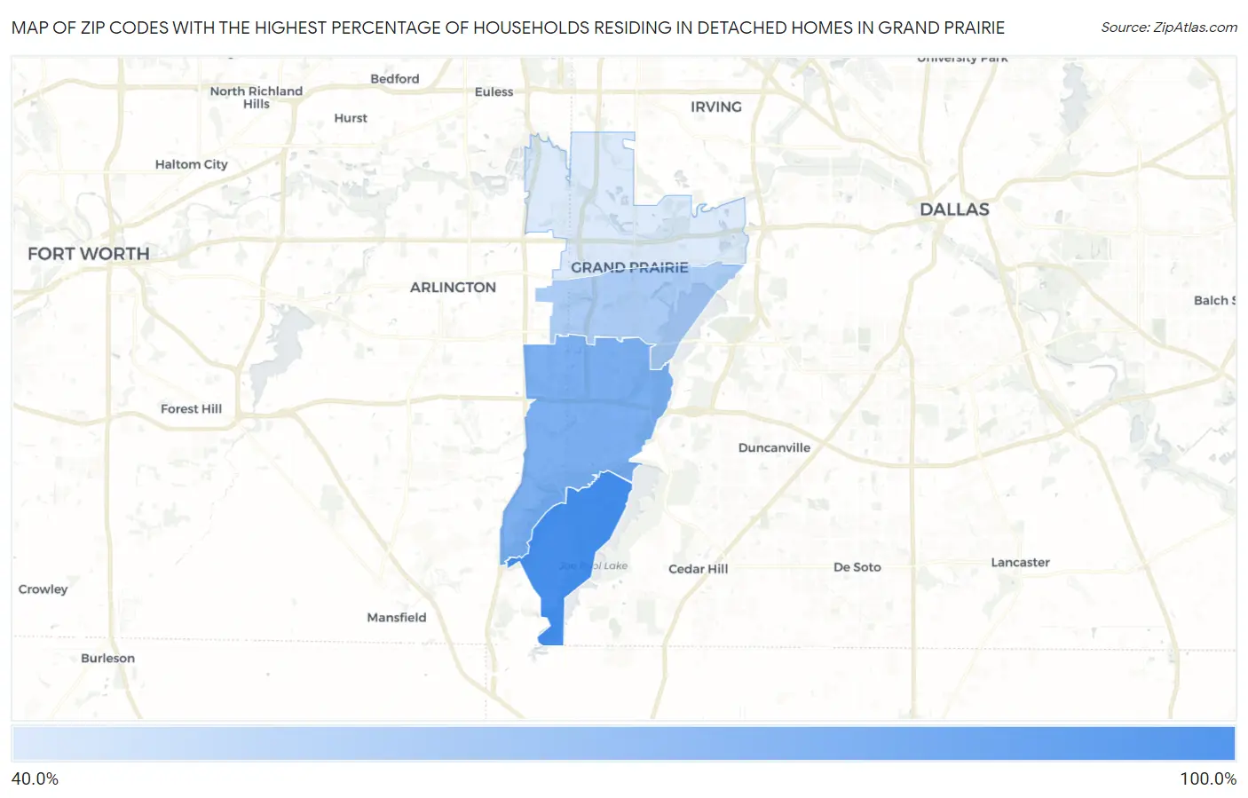 Zip Codes with the Highest Percentage of Households Residing in Detached Homes in Grand Prairie Map