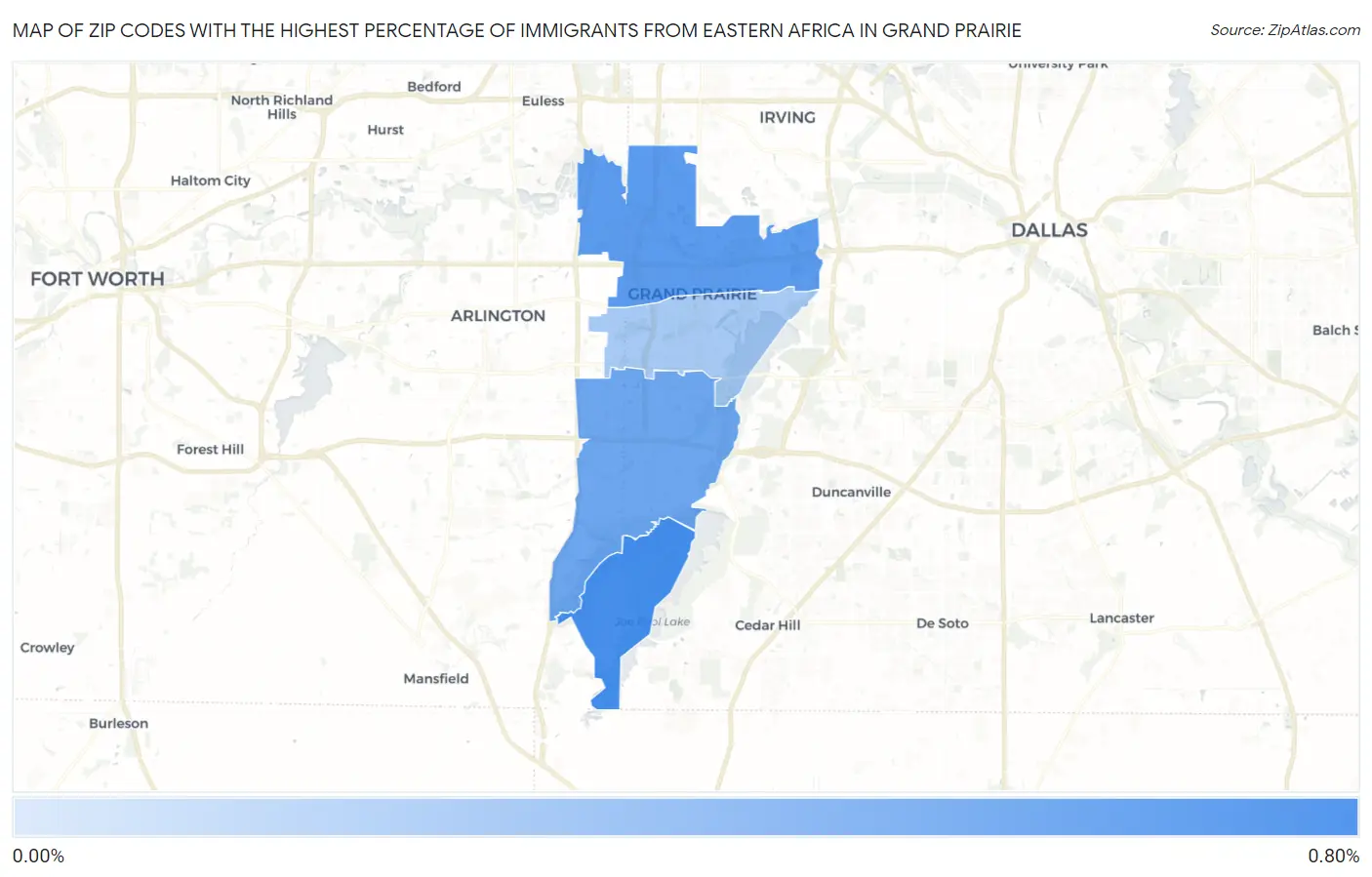 Zip Codes with the Highest Percentage of Immigrants from Eastern Africa in Grand Prairie Map