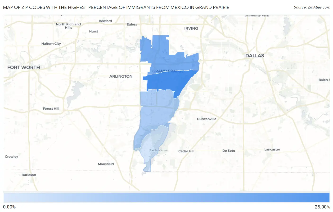 Zip Codes with the Highest Percentage of Immigrants from Mexico in Grand Prairie Map