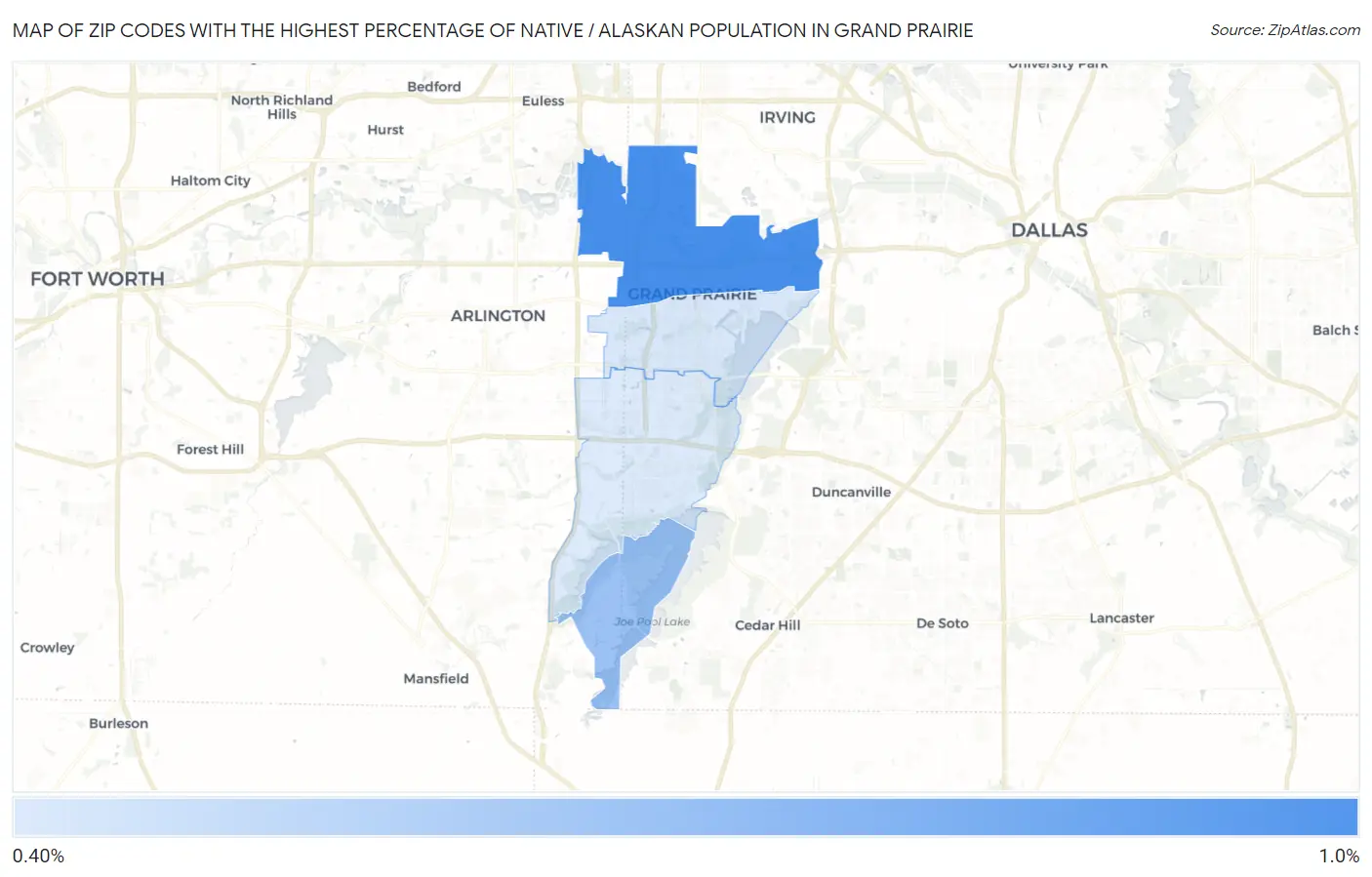 Zip Codes with the Highest Percentage of Native / Alaskan Population in Grand Prairie Map