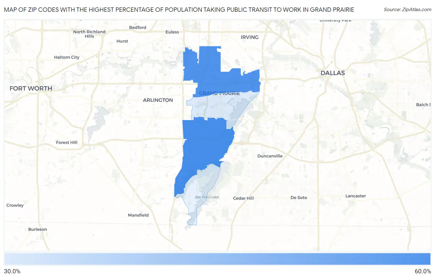 Zip Codes with the Highest Percentage of Population Taking Public Transit to Work in Grand Prairie Map