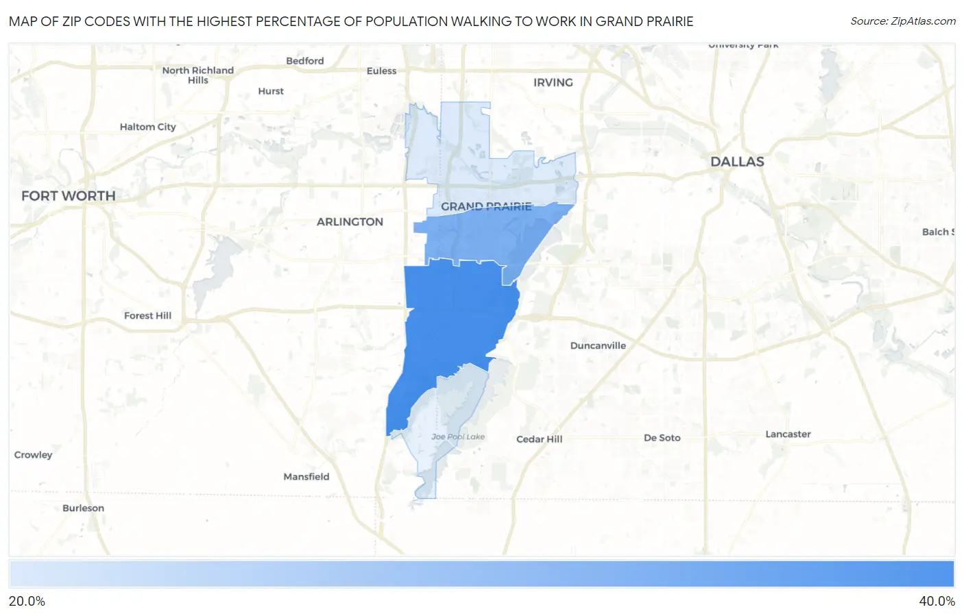 Zip Codes with the Highest Percentage of Population Walking to Work in Grand Prairie Map