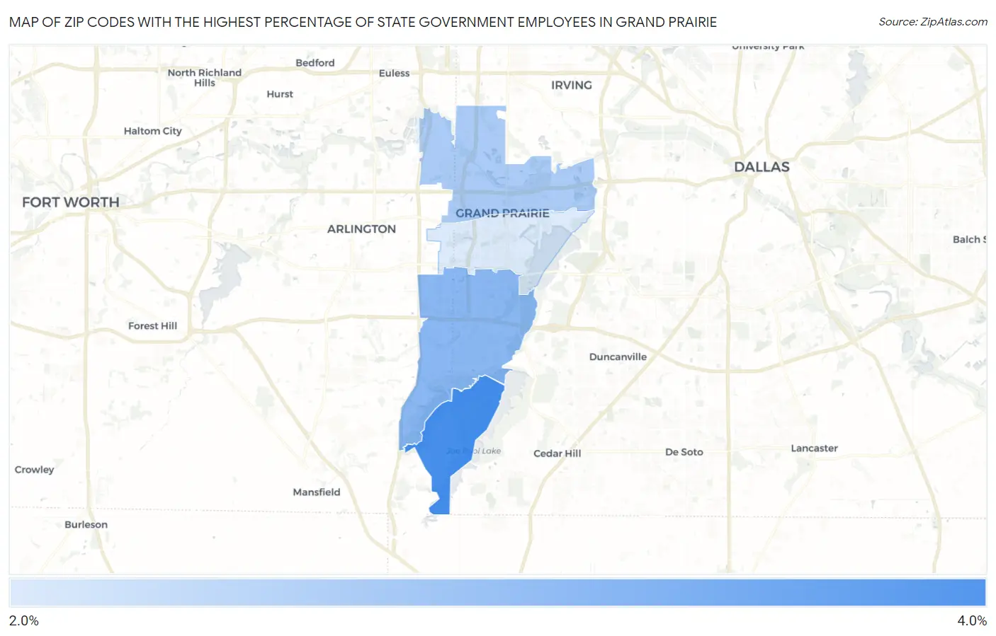 Zip Codes with the Highest Percentage of State Government Employees in Grand Prairie Map