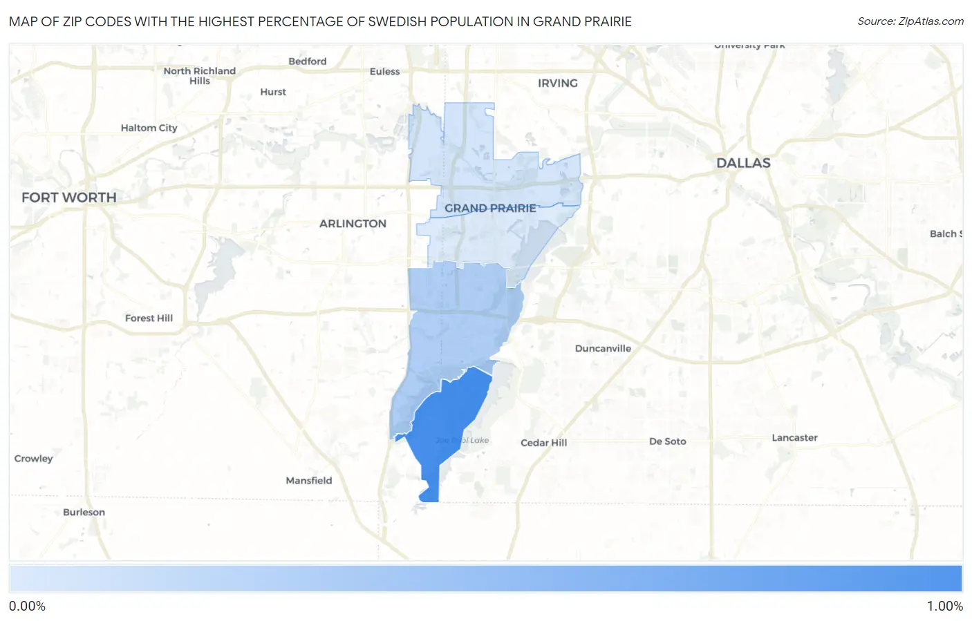 Zip Codes with the Highest Percentage of Swedish Population in Grand Prairie Map