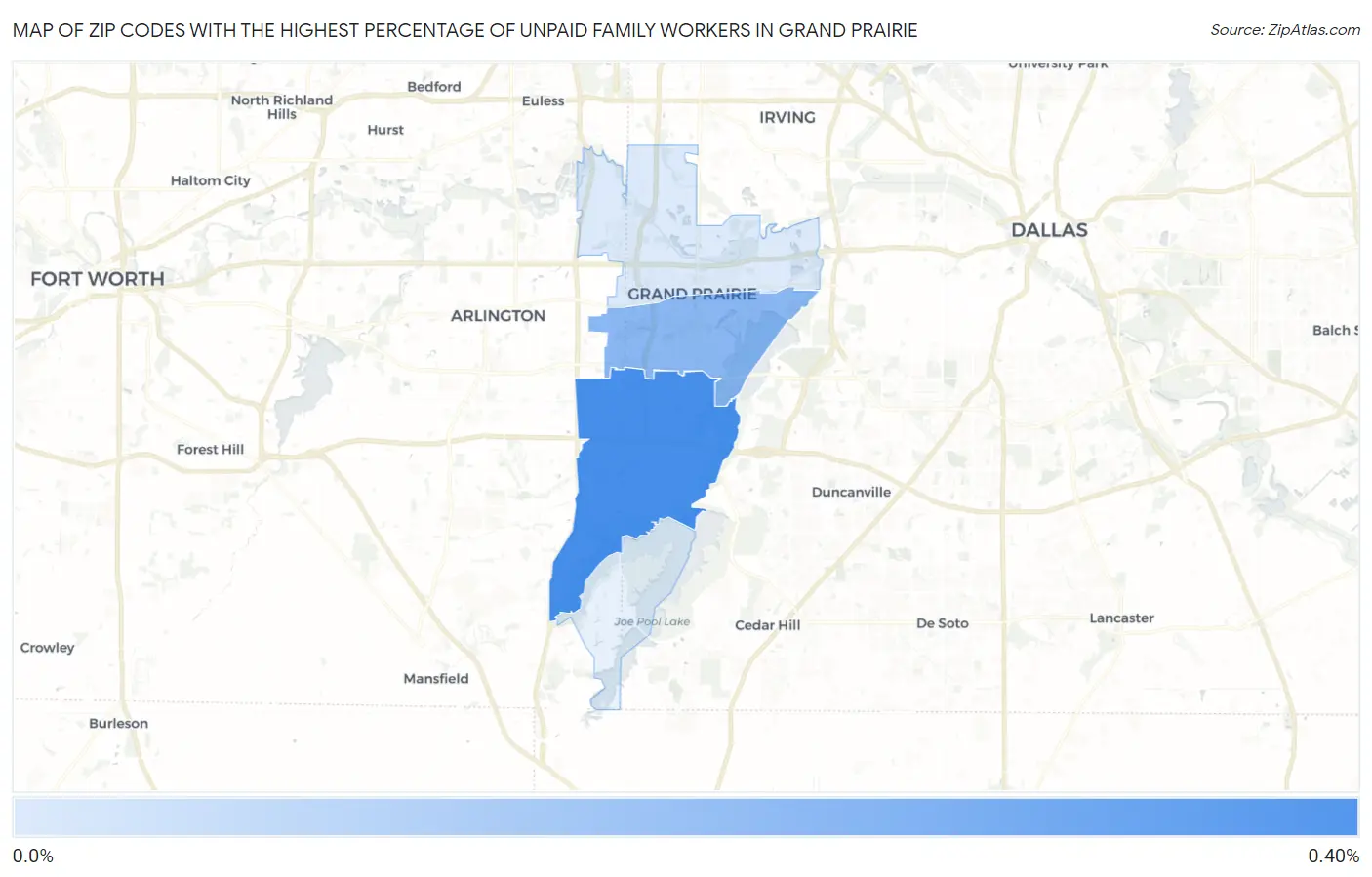 Zip Codes with the Highest Percentage of Unpaid Family Workers in Grand Prairie Map