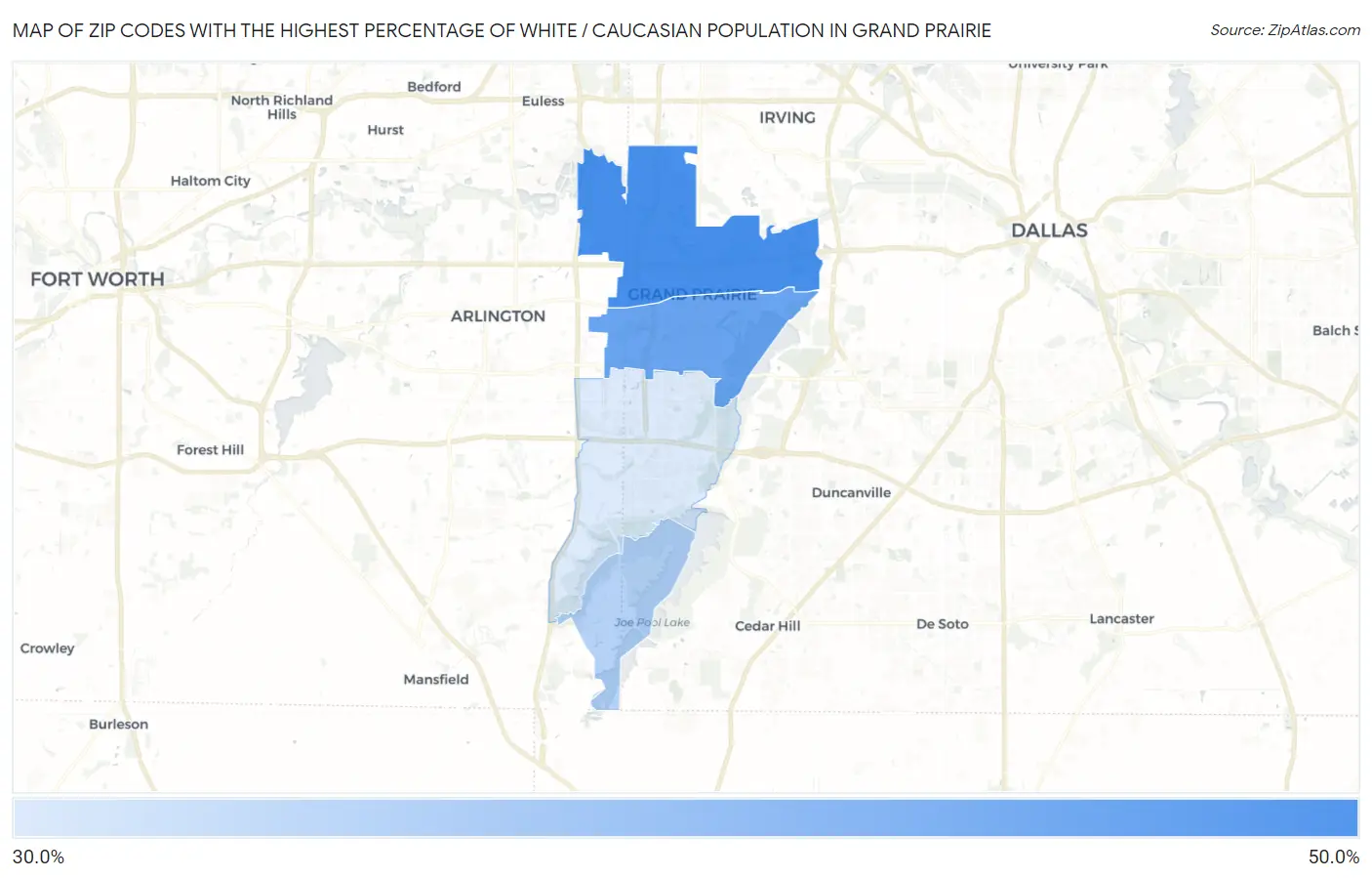 Zip Codes with the Highest Percentage of White / Caucasian Population in Grand Prairie Map