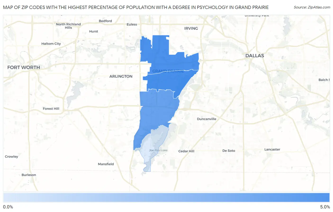 Zip Codes with the Highest Percentage of Population with a Degree in Psychology in Grand Prairie Map