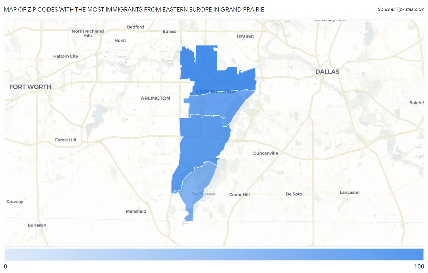 Zip Codes with the Most Immigrants from Eastern Europe in Grand Prairie Map