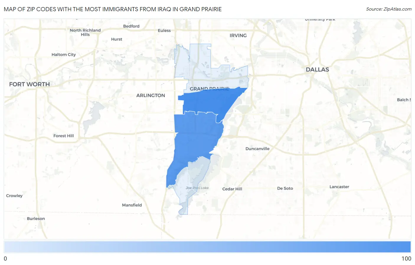 Zip Codes with the Most Immigrants from Iraq in Grand Prairie Map