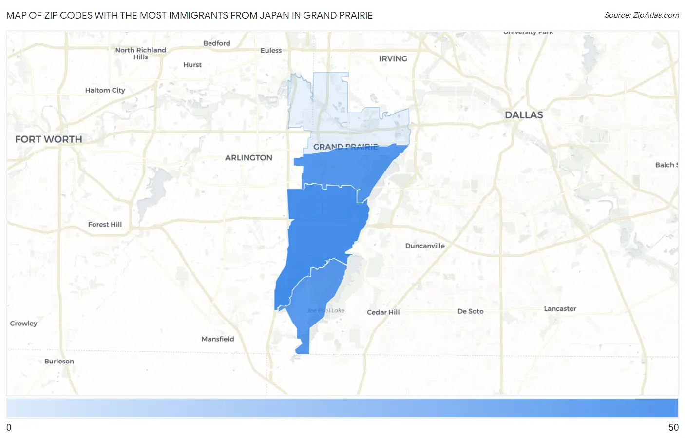 Zip Codes with the Most Immigrants from Japan in Grand Prairie Map