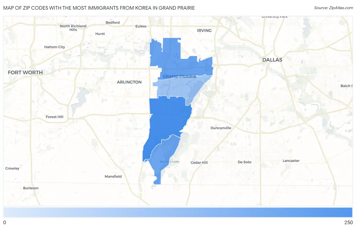 Zip Codes with the Most Immigrants from Korea in Grand Prairie Map