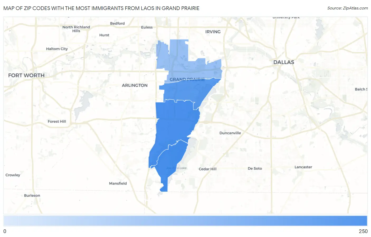 Zip Codes with the Most Immigrants from Laos in Grand Prairie Map